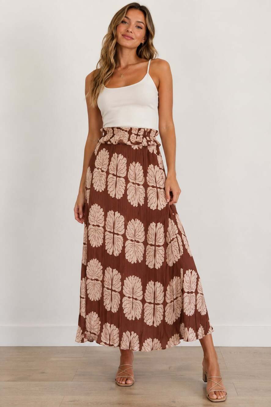 Alice Blue Pleated Maxi Skirt with Brown and Cream Leaf Pattern